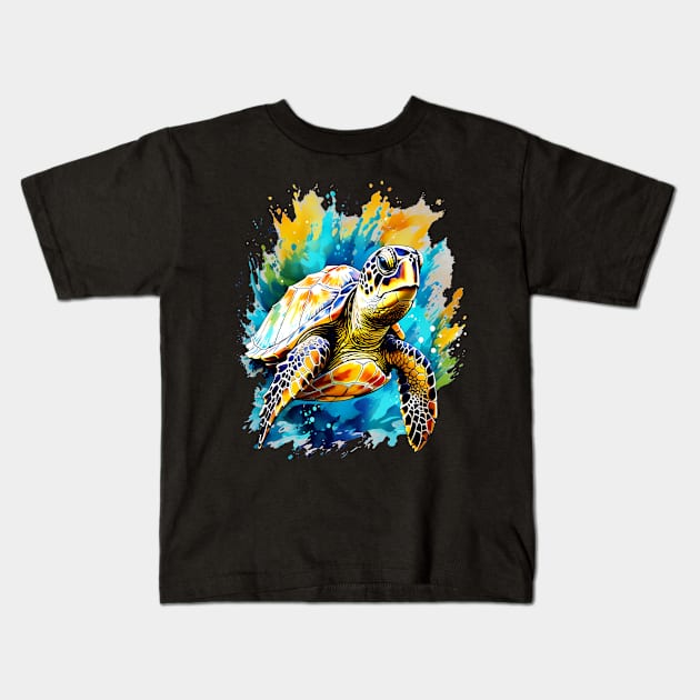 Sea Turtle Surrounded by Splashes of Watercolor Kids T-Shirt by BirdsnStuff